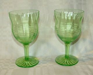 Two Vintage Antique Elegant Green Depression Glass Wine Glasses