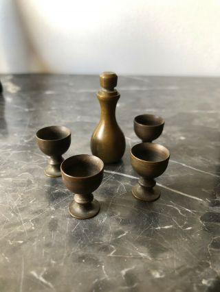Vintage Dollhouse Miniature Brass Decanter With 4 Goblets