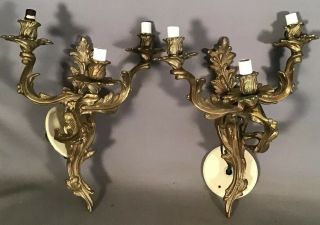 (2) Vintage French Acanthus Old Louis Xvi Floral Brass Candelabra Wall Sconces
