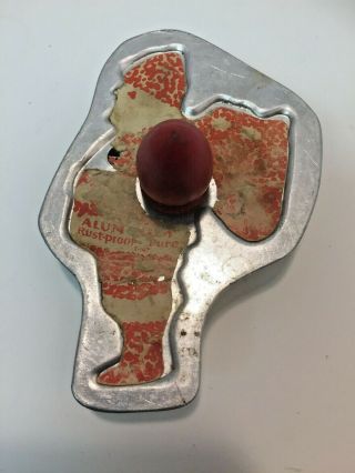 Antique Aluminum Santa Claus Cookie Cutter W/ Red Handle & Paper Label