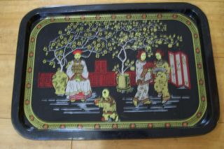 Antique Chinese Japanese Oriental Pattern Design Tin Metal Tray 15.  5 " X 11 "