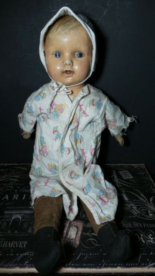 Antique Primitive 23 " Antique Composition Baby Doll Painted Face Sawdust Body