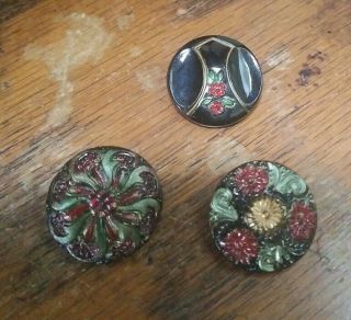 3 Spectacular Antique Vtg Painted Czech Black Glass Buttons,  7/8 ",  Reds,  Greens