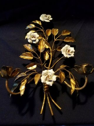 Antique Italian Metal Florentine Wall Sconce 2 Candle Holder 4 Porcelain Roses
