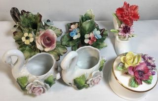 6 Tiny Vtg Porcelain Swan - Box - Shoe - Flow With “capodimonte” Style 3d Flowers