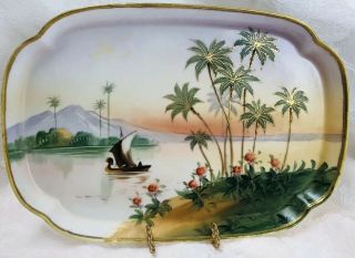 Antique Hand Painted Moriage Nippon Tray Sail Boat Scene With Gold Gilt Edges