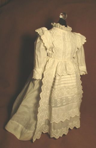 Vintage Doll Dress For 19 " - 21 " Bisque Doll - White Cotton Eyelet Laces & Tucks