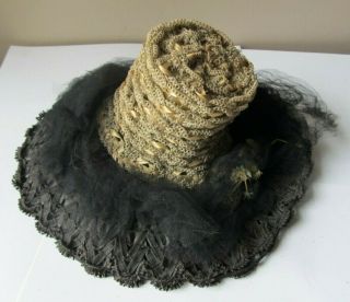 Antique 1870s Victorian Woven Straw Black Lace Doll Hat Bonnet