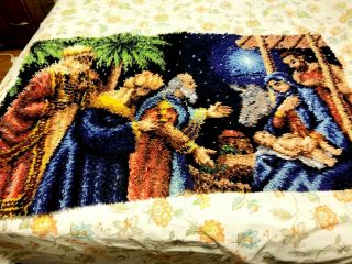 Vintage Latch Hook Rug Holy Family Joseph Mary Christmas Nativity Complete 30x50