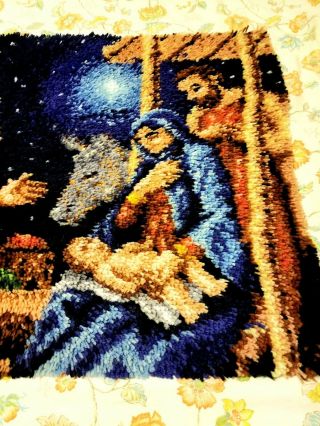 Vintage Latch Hook Rug Holy Family Joseph Mary Christmas Nativity complete 30x50 2