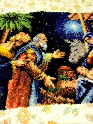 Vintage Latch Hook Rug Holy Family Joseph Mary Christmas Nativity complete 30x50 3
