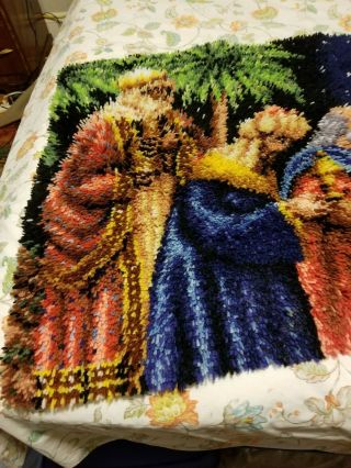Vintage Latch Hook Rug Holy Family Joseph Mary Christmas Nativity complete 30x50 4