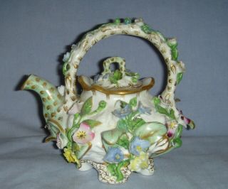 Antique 19thc Coalbrookdale Porcelain Flower Encrusted Small Tea Kettle