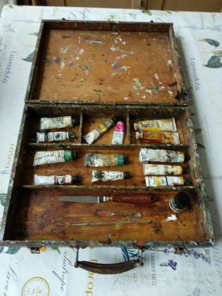 Vintage Shabby Chic Wooden Artists Travelling Paint Box Case & Paints Etc.
