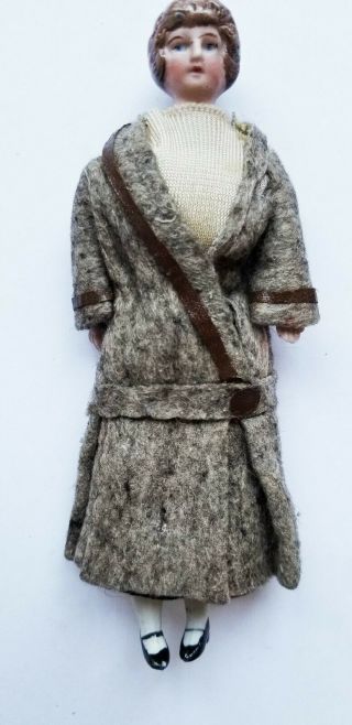 Antique German Bisque Mother/ladydoll In Tan Tweed Coat 6 1/2 " Tall