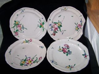 4 Antique french Faience plates 18 - 19th SILVER SHAPE hand thrown hand - painted 2