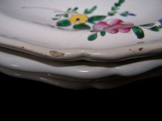 4 Antique french Faience plates 18 - 19th SILVER SHAPE hand thrown hand - painted 4