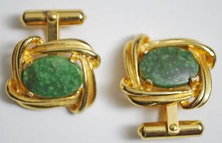 Vintage Mens Cufflinks Gold Toned Jade