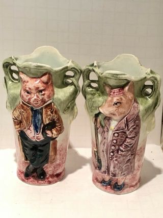 Pair Antique German Majolica Figural Pig Vases Art Nouveau Novelty Pottery C1900