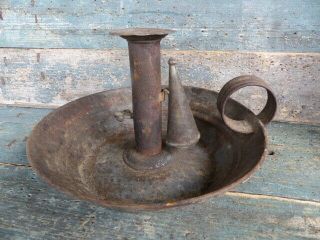 Antique Primitive Early 19thc Saucer Base Push Up Finger Candlestick W/ Snuffer