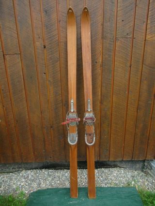 Vintage Wooden 71 " Long Skis Old Blond Finish With Metal Bindings