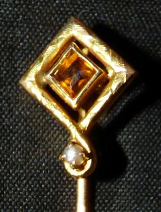 Antique Victorian 10k Gold & Orange Gem Stick Pin 1.  4 Grams
