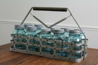 Vintage H.  P.  Hood Aluminum Milk Crate Carrier 10 Space Blue Ball Jars Zinc Lids