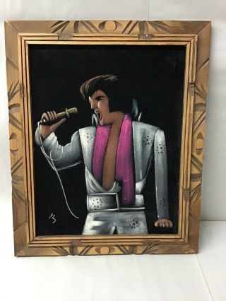 Vintage Mcm Elvis Presley Velvet The King Black Velvet Oil Painting Signed Art