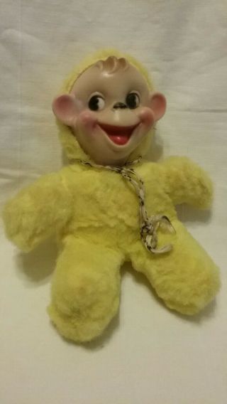 Vintage Yellow Plush Monkey Smiling Rubber Face Stuffed Animal Toy 9 "
