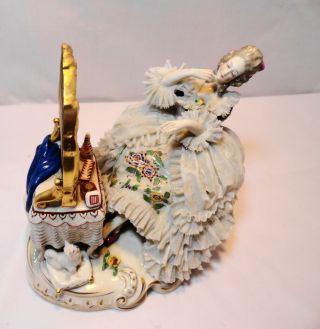 Vtg Dresden ? Victorian Lady Sitting In Front Mirror Lace German Crown Stamp