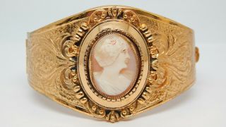 Antique Ornate Carved Shell Cameo Art Deco Etched Gold Plated Vtg Bracelet