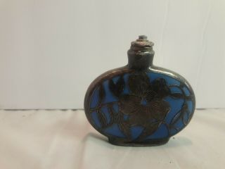 Antique Floral Blue Enamel Sterling Silver Overlay Perfume Bottle