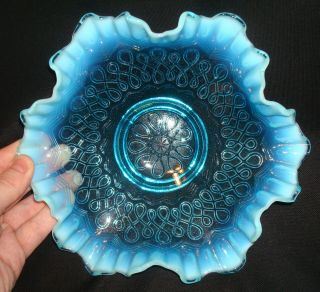 Antique Eapg Jefferson Blue Opalescent Glass Many Loops 8 ½” Ruffled Bowl