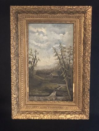 Antique Folk Oil Painting Of A Cabin In Gilt Frame Unsigned