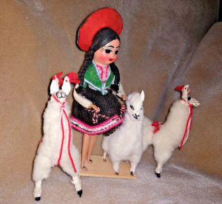 Vintage Peru Doll & Llama Alpaca 1960 ' s Souvenir Folk Art Traditional Dress OOAK 2
