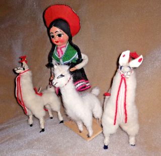 Vintage Peru Doll & Llama Alpaca 1960 ' s Souvenir Folk Art Traditional Dress OOAK 3