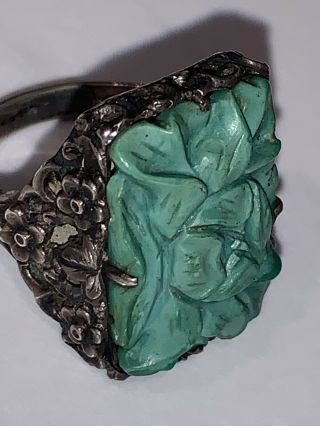Antique Art Deco Sterling Silver Carved Jade Gemstone Handmade Ring Size 8