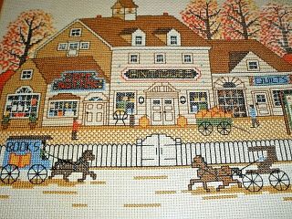 Finished Cross Stitch Cafe,  Antiques,  Quilts Store Fronts Old Fashion Scene