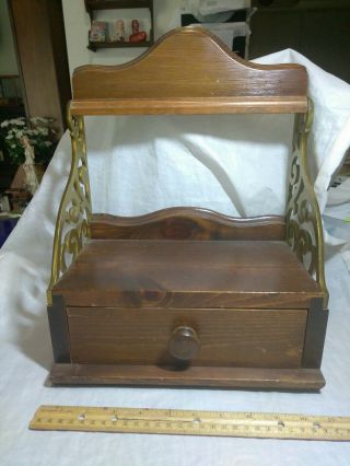 Vintage Wood & Brass Display Shelf With A Drawer.  Freestanding Or Hanging