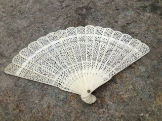 Antique Chinese Carved Bone Brise Export Fan 1880 - 1900