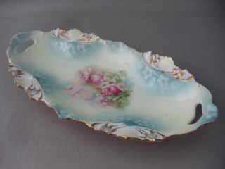 Antique Vtg Prussia Rs Hp Pink Water Roses Mold Porcelain Sm Relish Celery Dish