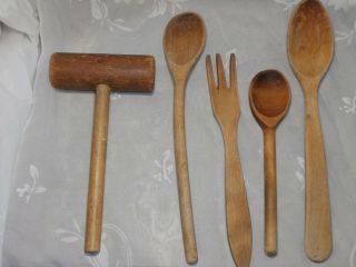 5 Primitive Antique Wooden Farm Country Kitchen Utensils Spoons Fork Tenderizer