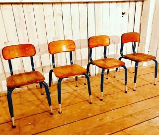 Heywood Wakefield 4 Blue School Dining Chairs