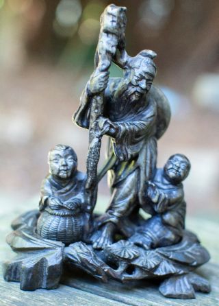 Chinese Carved Soapstone Fisherman & Children Figurine On Wooden Stand