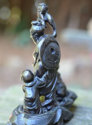 Chinese Carved Soapstone Fisherman & Children Figurine On Wooden Stand 2