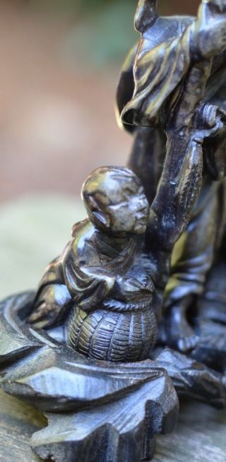 Chinese Carved Soapstone Fisherman & Children Figurine On Wooden Stand 3