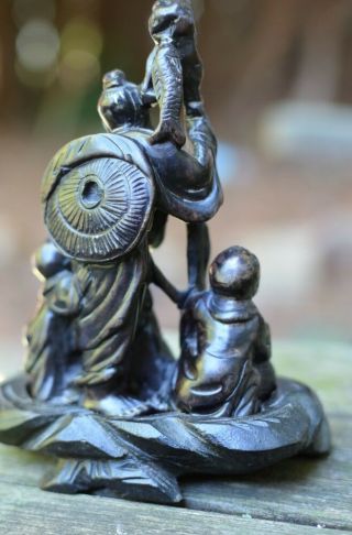 Chinese Carved Soapstone Fisherman & Children Figurine On Wooden Stand 4