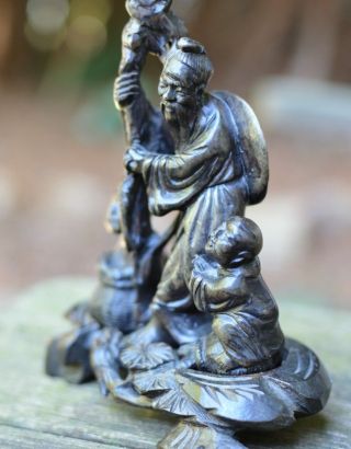 Chinese Carved Soapstone Fisherman & Children Figurine On Wooden Stand 5