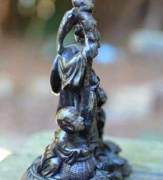 Chinese Carved Soapstone Fisherman & Children Figurine On Wooden Stand 8