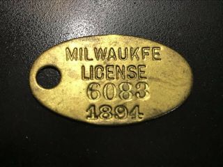 Estate Antique 1894 Milwaukee Dog K9 Tag Tax License 6083 Oval Brass Fob
